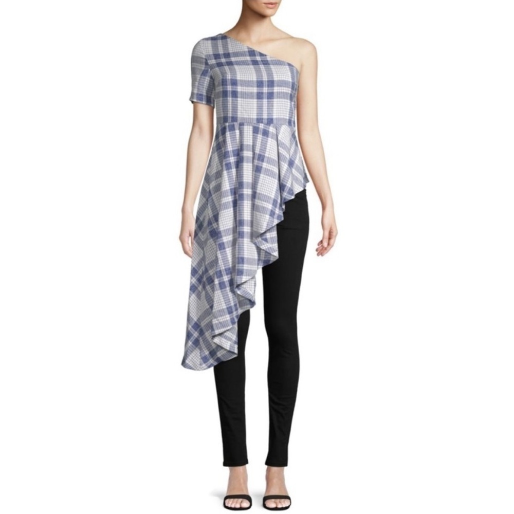 Endless Rose Plaid One Shoulder Ruffle Asymmetrical Top Size Medium